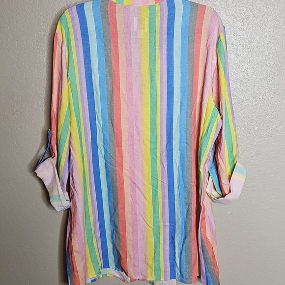 NWT GAP Linen Blend Rainbow Striped Shirt Long Sleeve Button Up Maternity Medium - Picture 7 of 10